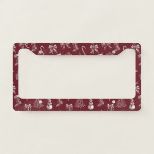 Vintage Christmas Toile Crimson Red White Holiday License Plate Frame