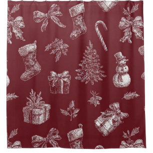Vintage Christmas Toile Crimson Red White Holiday Shower Curtain