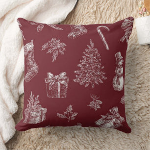 Vintage Christmas Toile Crimson Red White Holiday Throw Pillow