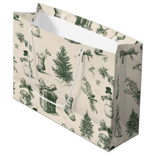 Vintage Christmas Toile Forest Green Cream Pattern Large Gift Bag