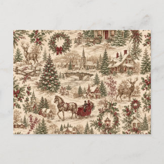 Vintage Christmas Toile Gift Wrap | Deer & Sleigh Holiday Postcard