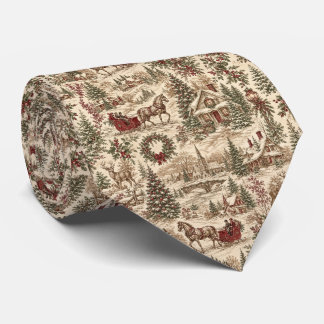 Vintage Christmas Toile Gift Wrap | Deer & Sleigh Neck Tie