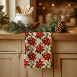 Vintage Christmas Towel Red Poinsettia Design