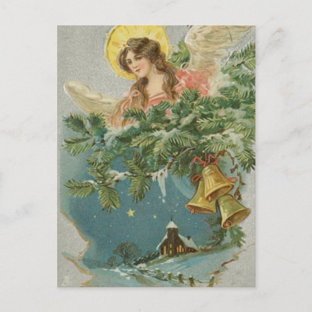 Vintage Christmas Town Angel Holiday Postcard (Front)