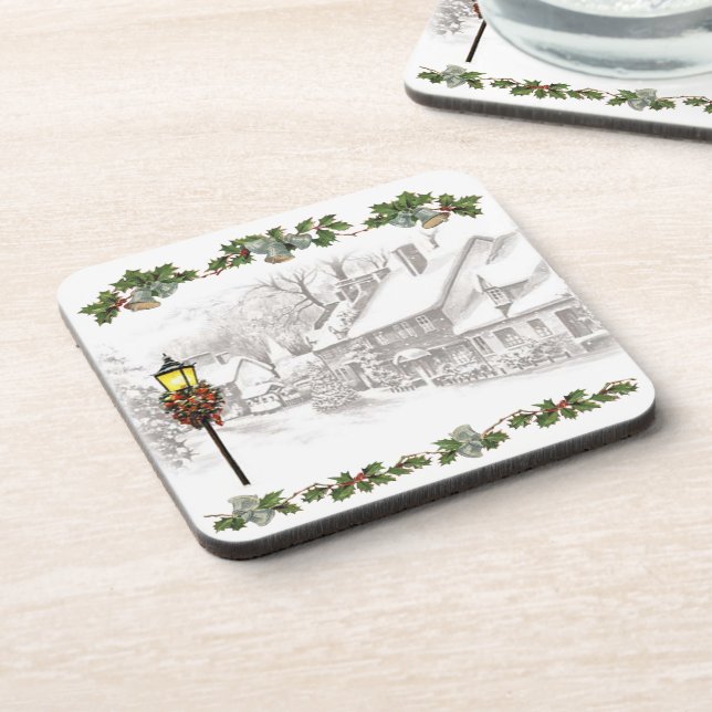 Vintage Christmas Town Cork Coaster (Left Side)