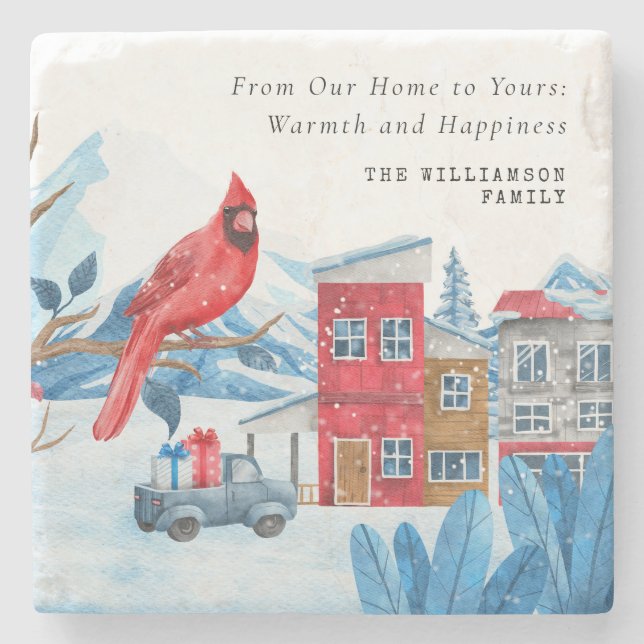 VINTAGE CHRISTMAS TOWN RED CARDINAL PERSONALIZED  STONE COASTER (Front)