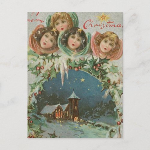Vintage Christmas Town with Children Holiday Postcard