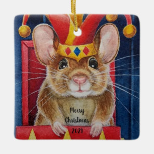 Vintage Christmas Toy Jester Mouse in a Box Art Ceramic Ornament