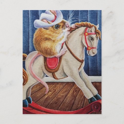 Vintage Christmas Toy Rocking Horse Mouse Art Postcard