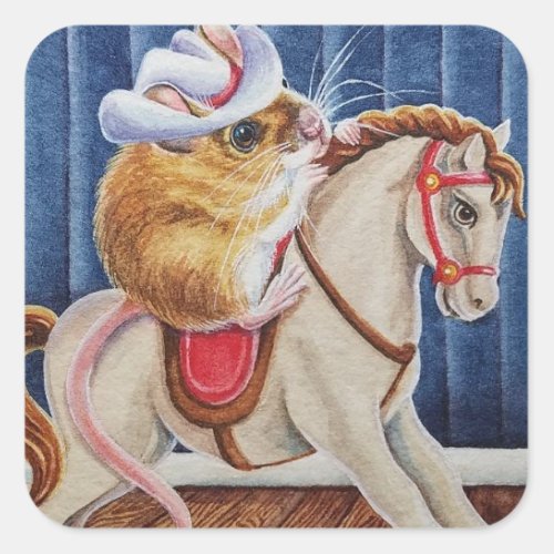 Vintage Christmas Toy Rocking Horse Mouse Art Square Sticker