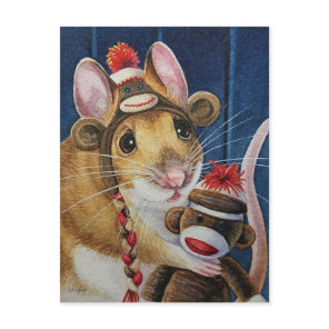 Vintage Christmas Toy Sock Monkey Mouse Art Postcard