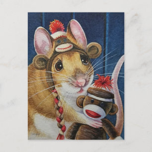 Vintage Christmas Toy Sock Monkey Mouse Art Postcard