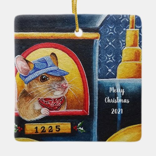 Vintage Christmas Toy Train  Mouse Watercolor Art Ceramic Ornament