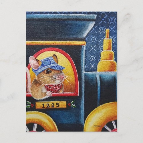 Vintage Christmas Toy Train  Mouse Watercolor Art Postcard
