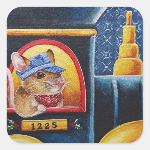Vintage Christmas Toy Train  Mouse Watercolor Art Square Sticker