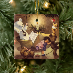 Vintage Christmas Toys, Dancing Dolls, Teddy Bears Ceramic Ornament