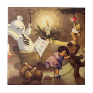 Vintage Christmas Toys, Dancing Dolls, Teddy Bears Ceramic Tile