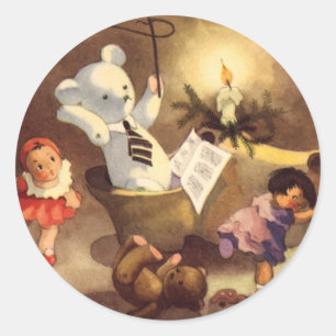 Vintage Christmas Toys, Dancing Dolls, Teddy Bears Classic Round Sticker