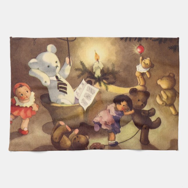 Vintage Christmas Toys, Dancing Dolls, Teddy Bears Towel (Horizontal)