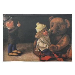 Vintage Christmas Toys, Doll and a Teddy Bear Cloth Placemat