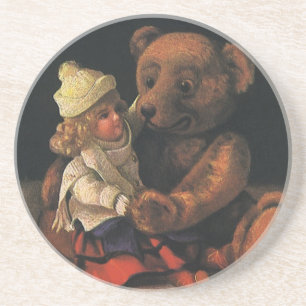 Vintage Christmas Toys, Doll and a Teddy Bear Drink Coaster