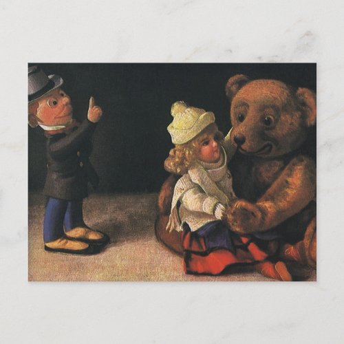 Vintage Christmas Toys Doll and a Teddy Bear Holiday Postcard