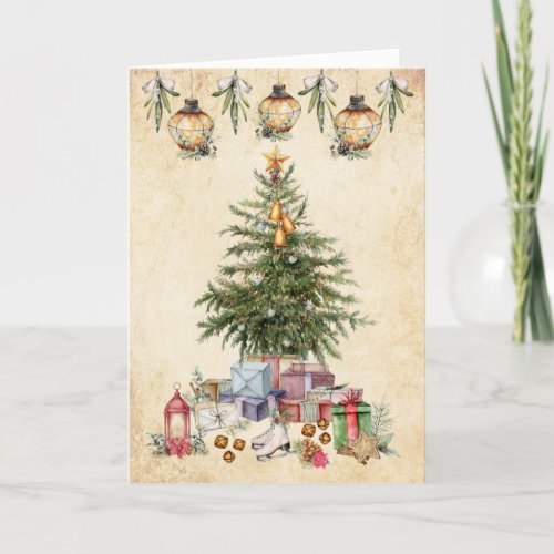 Vintage Christmas Traditions Tree and Gifts Holiday Card