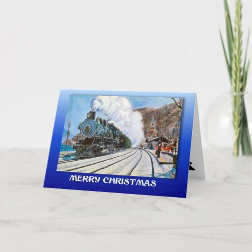 Vintage Christmas Train in a snowy station Holiday Card