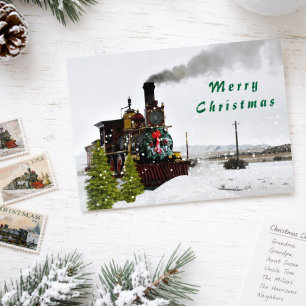 Vintage Christmas Train in Snow Merry Christmas Holiday Postcard