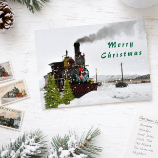 Vintage Christmas Train in Snow Merry Christmas Holiday Postcard