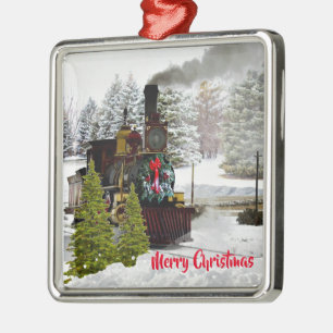 Vintage Christmas Train with Snow and Greeting Metal Ornament