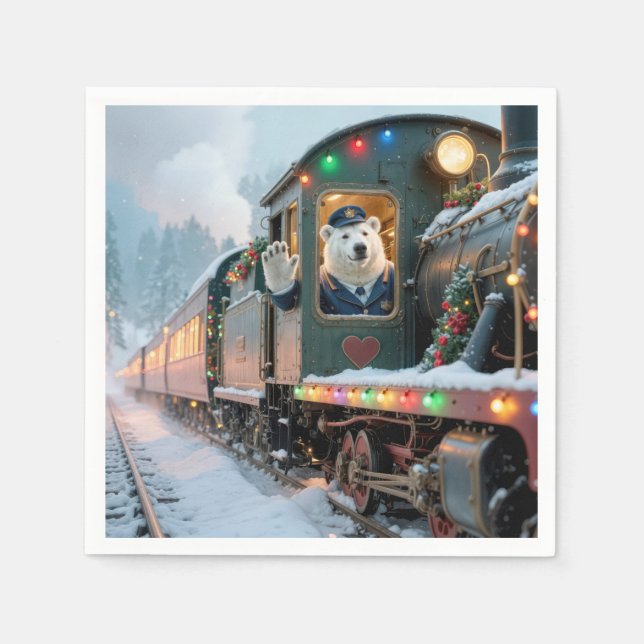 Vintage Christmas Train With Waving Polar Bear Napkins (Front)