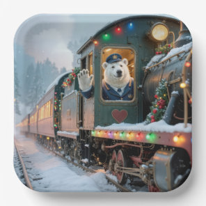 Vintage Christmas Train With Waving Polar Bear Paper Plates