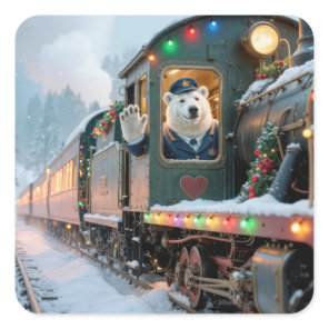 Vintage Christmas Train With Waving Polar Bear Square Sticker