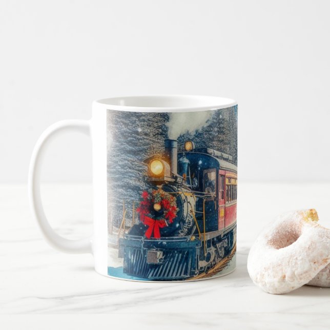 Vintage Christmas Train with Wreath  Coffee Mug (With Donut)