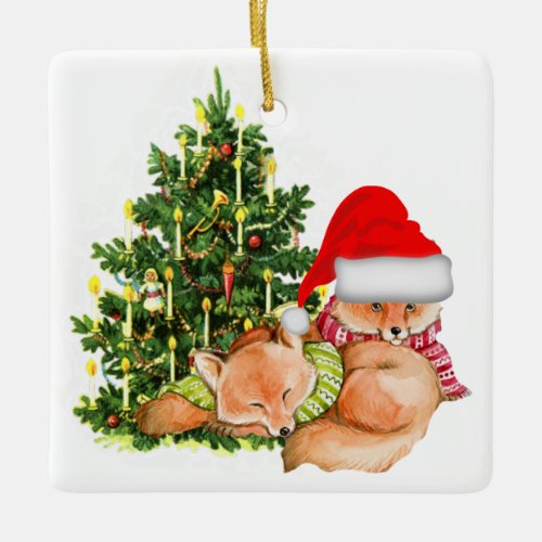 Vintage Christmas Tree and Foxes Holiday  Ceramic Ornament