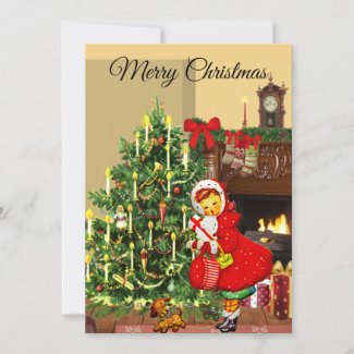 Vintage Christmas Tree and Girl Holiday Flat Card