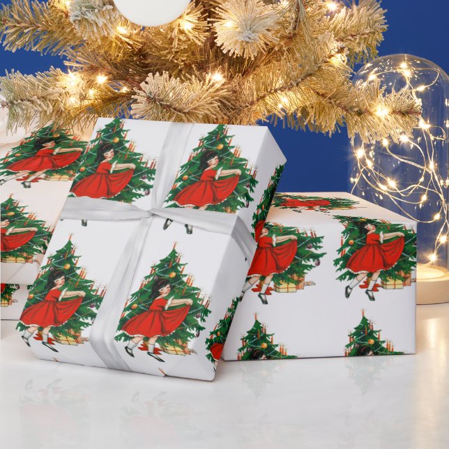 Vintage christmas tree and girl  wrapping paper (Holidays)