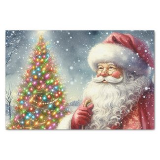Vintage Christmas Tree and Santa Claus Holiday 