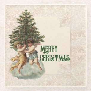 Vintage Christmas Tree & Angels Custom Glass Coaster
