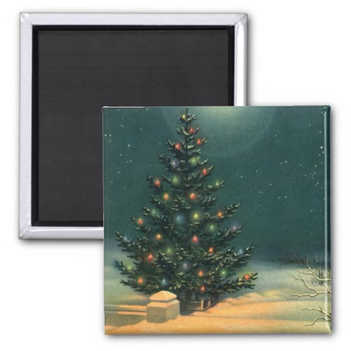 Vintage Christmas Tree at Night with Lights Magnet