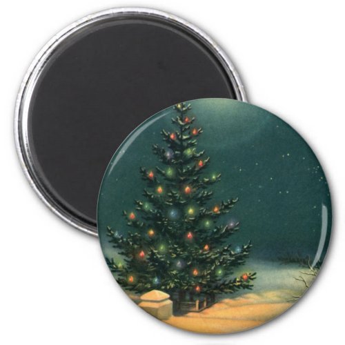 Vintage Christmas Tree at Night with Lights Magnet