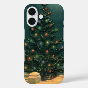 Vintage Christmas Tree at Night with Lights & Snow iPhone 16 Case