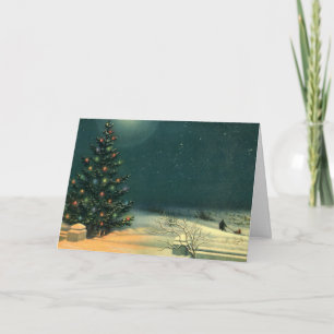 Vintage Christmas Tree at Night with Lights & Snow Holiday Card