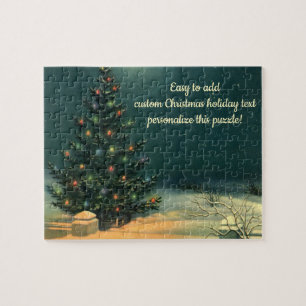Vintage Christmas Tree at Night with Lights & Snow Jigsaw Puzzle