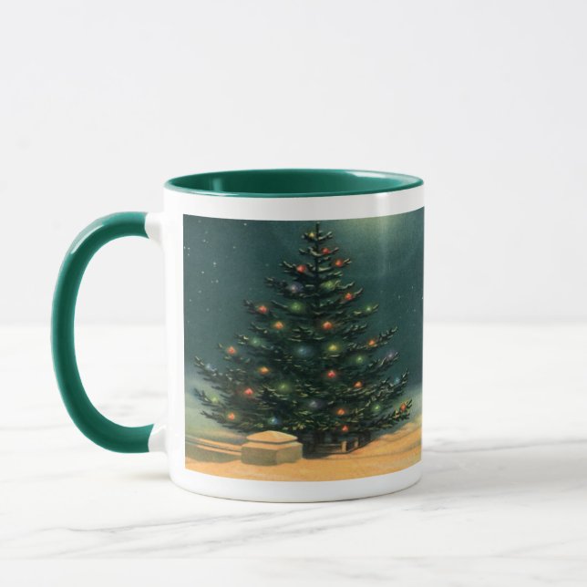Vintage Christmas Tree at Night with Lights & Snow Mug (Left)