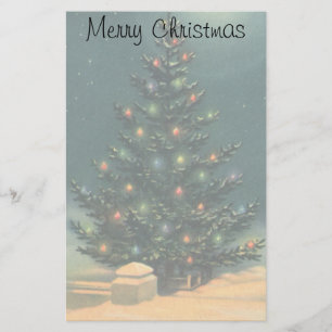 Vintage Christmas Tree at Night with Lights & Snow Stationery