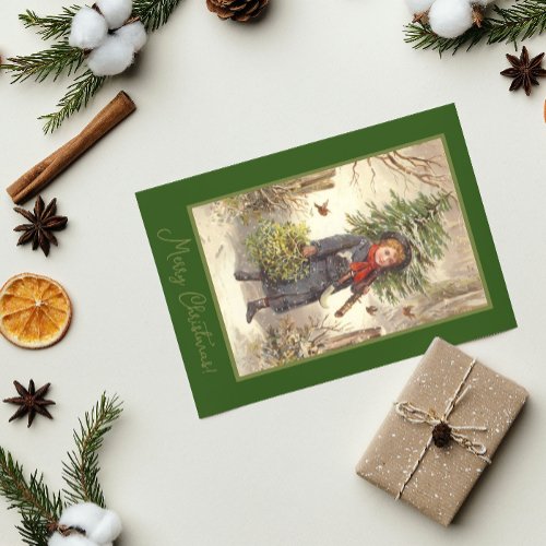 Vintage Christmas Tree Baby Girl Green Holiday Postcard