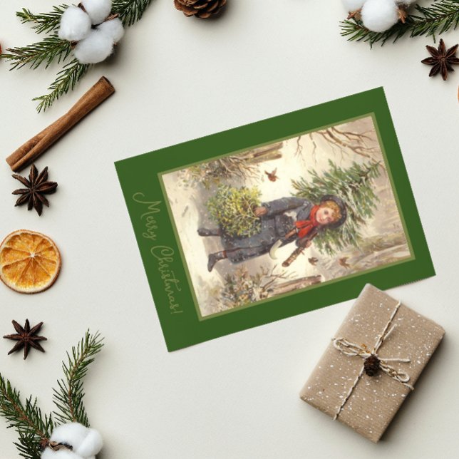 Vintage Christmas Tree Baby Girl Green Holiday Postcard (Creator Uploaded)