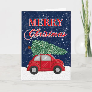 Vintage Christmas Tree Car Holiday Greeting Card
